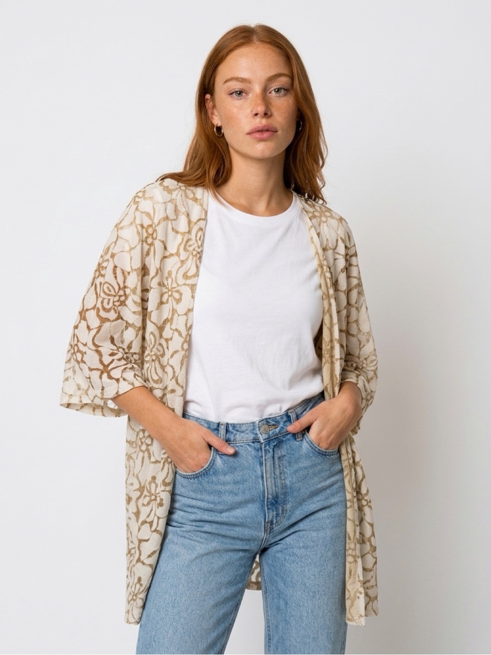 Anne Klein Cream and Tan Floral Open-Front Kimono Cardigan
